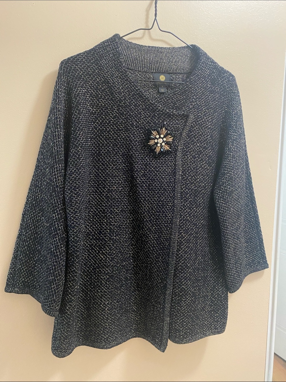 JM Collection Black and White Tweed Open-Front Cardigan with Decorative Brooch